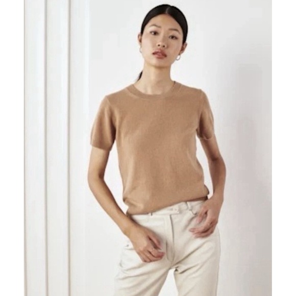 Quince Sweaters - Quince Mongolian Cashmere Short Sleeve Sweater Tee Camel Brown M Medium